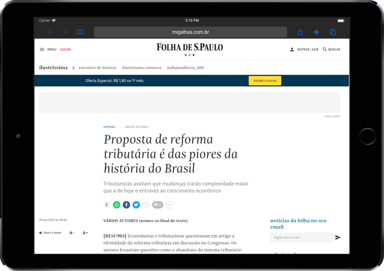 Artigo de opinião na Folha: Proposta de reforma tributária é das piores da história do Brasil 