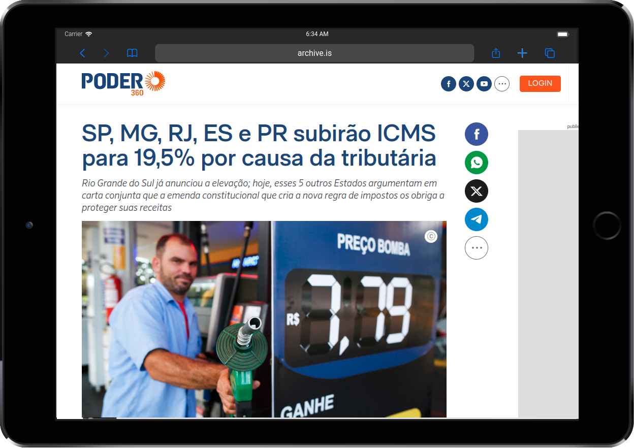 Poder360: SP, MG, RJ, ES e PR subirão ICMS para 19,5% por causa da tributária